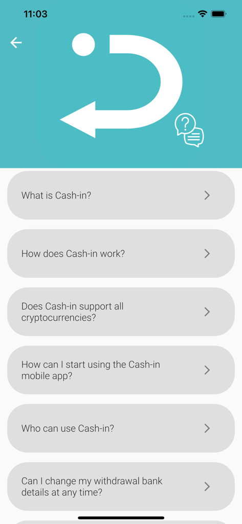 Cash-in: Crypto to naira app - Frequently asked questions page of the Cash-in app for crypto to naira transfers.