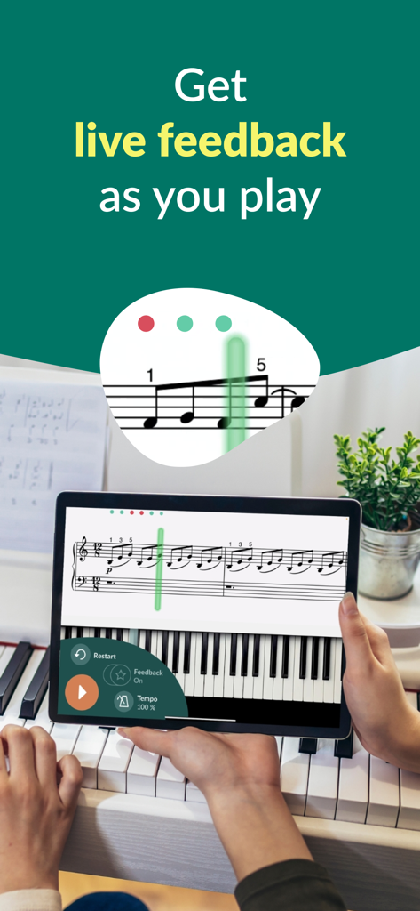 Skoove: Learn to Play Piano - Skoove app displaying live feedback and sheet music on a tablet while playing the piano.