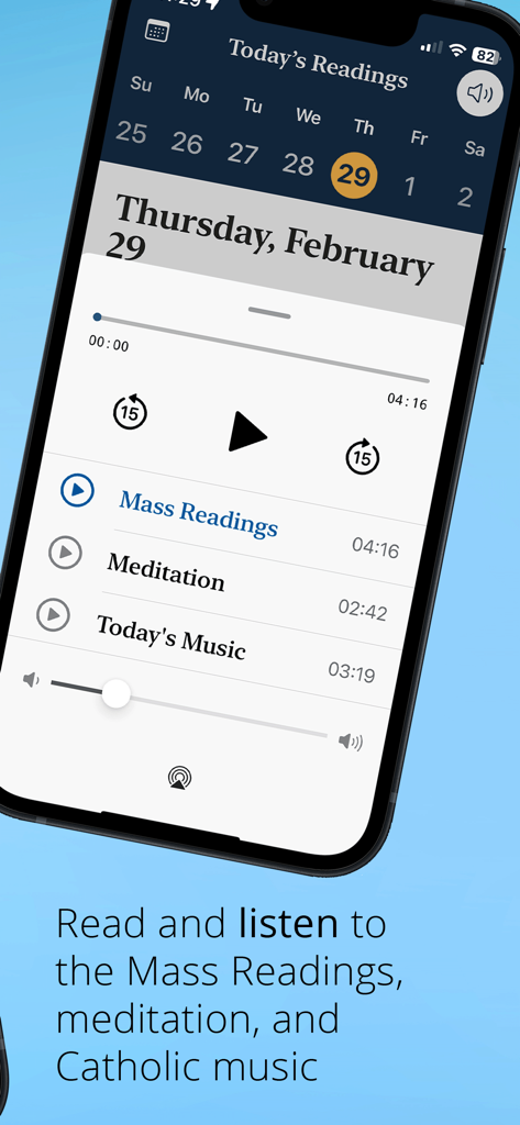 Word Among Us Mass Edition - Audio player interface for daily Catholic Mass readings and meditations on a mobile device.