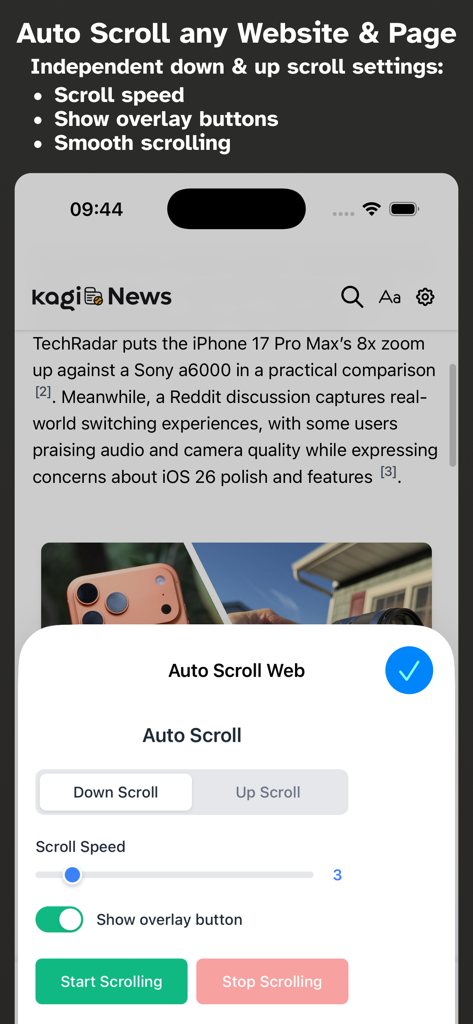 Interface of the Auto Scroll Web for Safari app showing scroll speed settings and controls over a news article on an iPhone