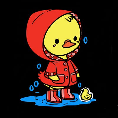 baby duck in a rain coat and boots, in a puddle while it’s raining