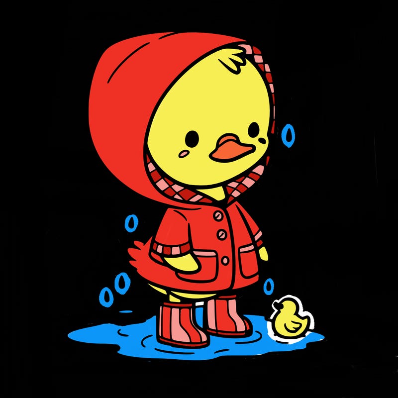 baby duck in a rain coat and boots, in a puddle while it’s raining