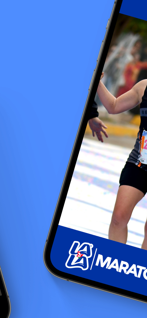 Maraton Lala - マラソン・ララモバイルアプリのインターフェースで、フィニッシュラインを越えるランナー。