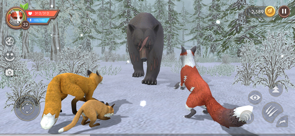 Two adult foxes and a cub facing off against a large bear in a snowy forest environment in WildCraft