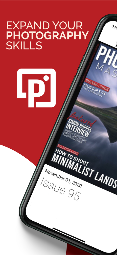 Smartphone screen displaying Photography Masterclass Mag issue with landscape photography tutorials.