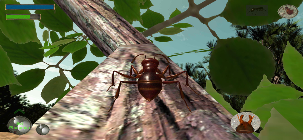 Ant Simulation 3D - Uma formiga 3D rastejando em um galho de árvore no jogo mobile Ant Simulation 3D