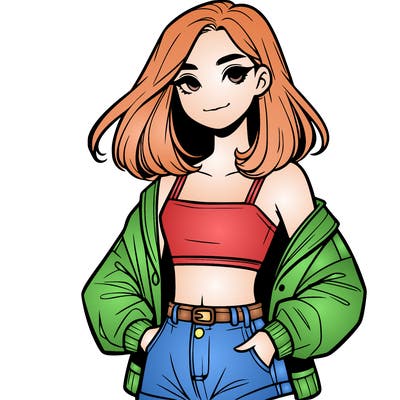 a realistic girl with a crop top and short shorts in an open jacket