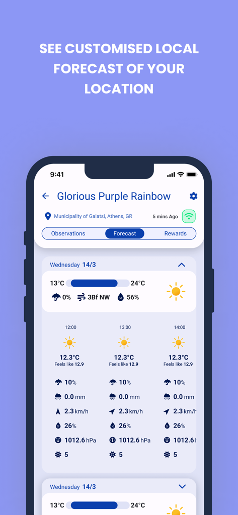 WeatherXM - Tela detalhada de previsão do tempo local no aplicativo móvel WeatherXM, mostrando dados por hora e métricas meteorológicas
