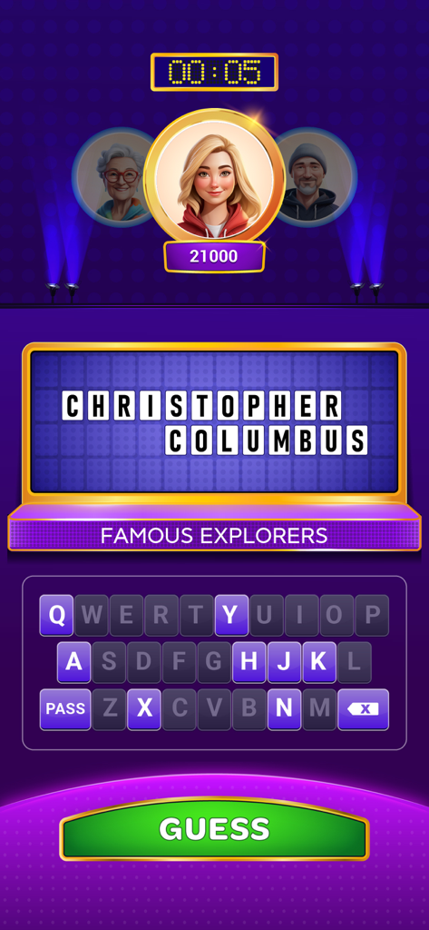 Fortune Words – Lucky Spin - Uma tela de jogabilidade do aplicativo Fortune Words mostrando um desafio de quebra-cabeça de palavras e um teclado digital