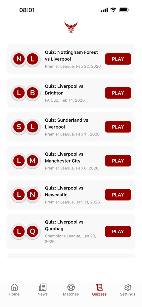 The Red Stand: Liverpool News - Quizzes screen of the Red Stand app showing a list of Liverpool match-based trivia games with play buttons