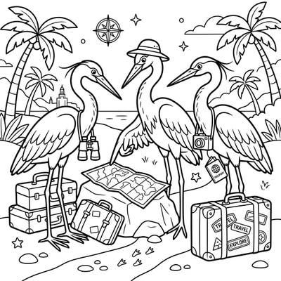 Get ready for a delightful journey with this charming heron vacation coloring page designed for kids. Watch as three curious herons prepare for their next adventure, surrounded by suitcases, maps, and all the excitement of travel.