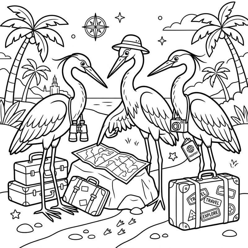 Get ready for a delightful journey with this charming heron vacation coloring page designed for kids. Watch as three curious herons prepare for their next adventure, surrounded by suitcases, maps, and all the excitement of travel.