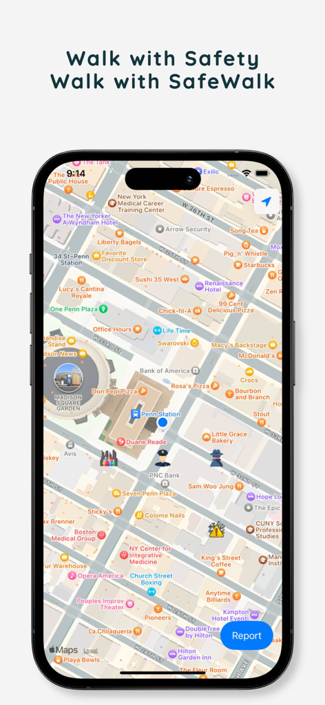 SafeWalk - Walk with Safety - SafeWalk app showing an interactive map with safety reports and local landmarks in New York City.