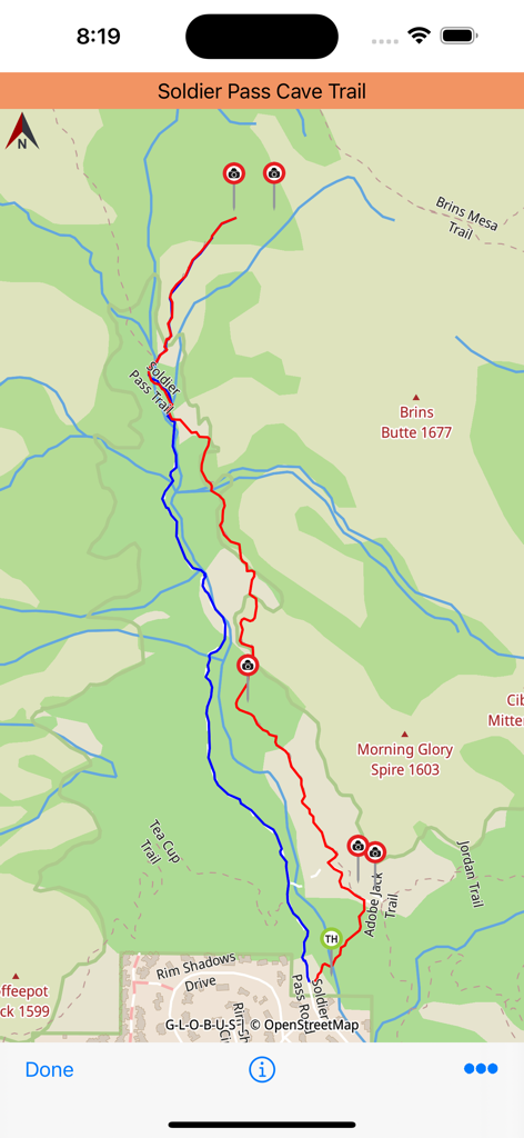 Map of the Soldier Pass Cave Trail in Sedona with hiking route and photo locations