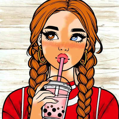 realistic girl with braided hair drinking boba