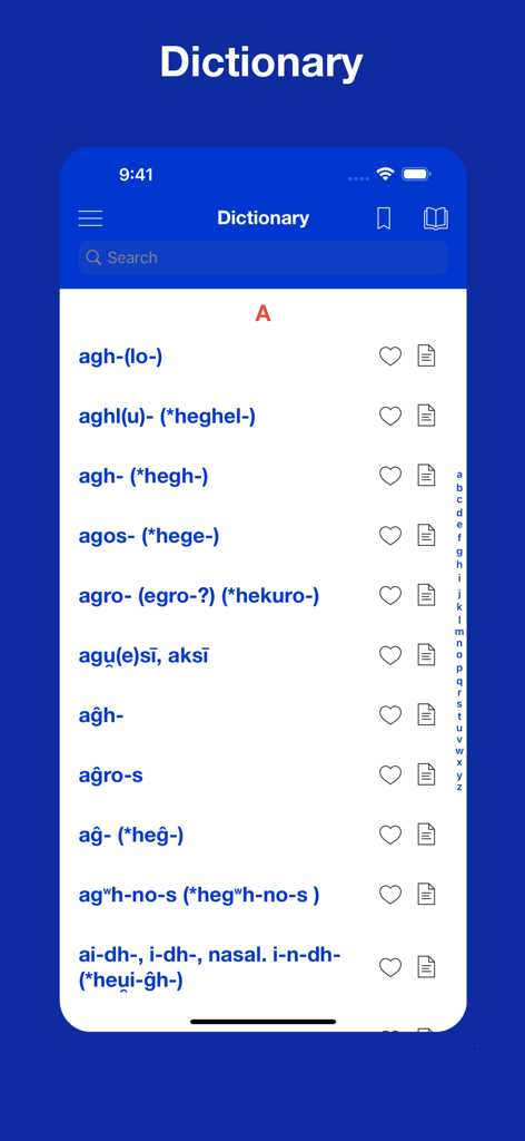 Proto Indo European Etymology - A mobile screen displaying a list of Proto Indo European etymological roots in a dictionary format
