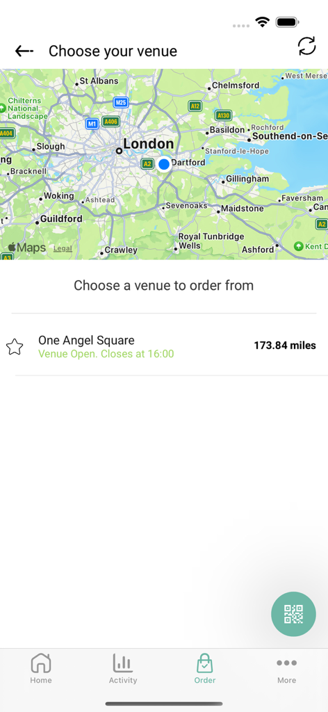 The venue selection screen of the Boxed CP app displaying a map of London and available food locations