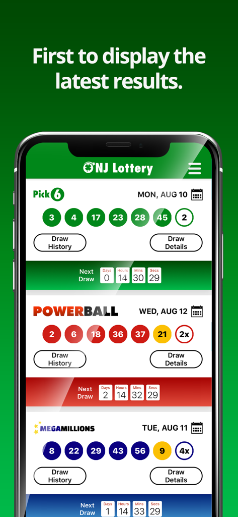 NJ Lottery app screen showing winning numbers for Pick 6, Powerball, and Mega Millions.