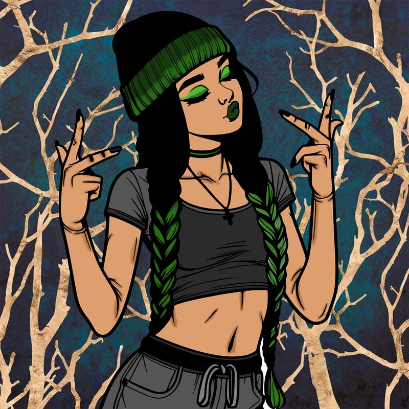 realistic teenage girl with braids and a beanie and crop top doing 🫶🏼
