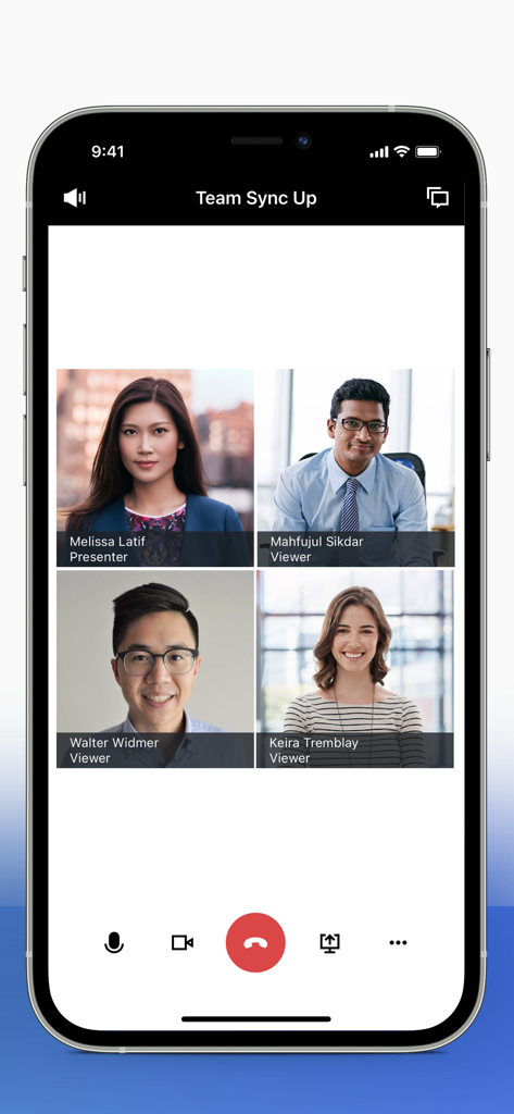 Moxo - A video conference call on the Moxo mobile app showing four participants in a team sync up