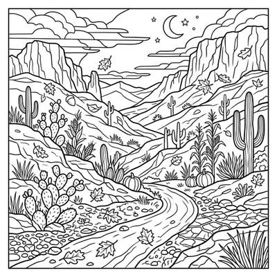 Embark on a captivating coloring journey through an arid valley transformed by the magic of autumn. This engaging page, designed for kids, blends desert plants with harvest-time delights under a peaceful night sky.