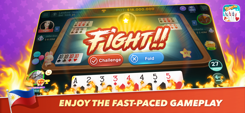 Tongits ZingPlay mobile card game screen showing a fight challenge with Filipino flag and virtual card table