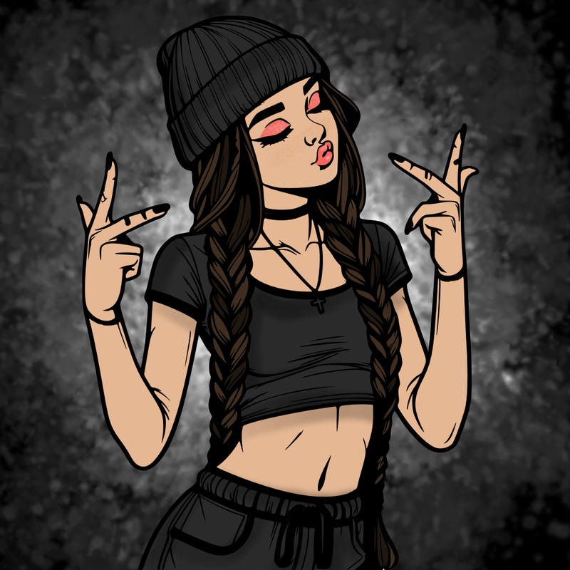realistic teenage girl with braids and a beanie and crop top doing 🫶🏼