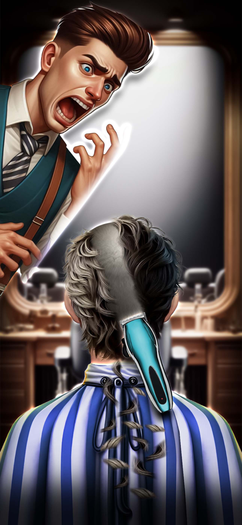 Hair Cuttery Barber Shop Games - 電気バリカンが顧客の頭から髪の毛の筋を剃っている様子を示すバーバーショップのシミュレーションゲーム。