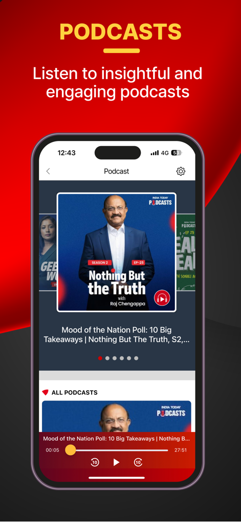 India Today TV English News - India Today TV English Newsのポッドキャストセクションが表示されたモバイルアプリの画面。番組リストとメディアプレーヤーが表示されています