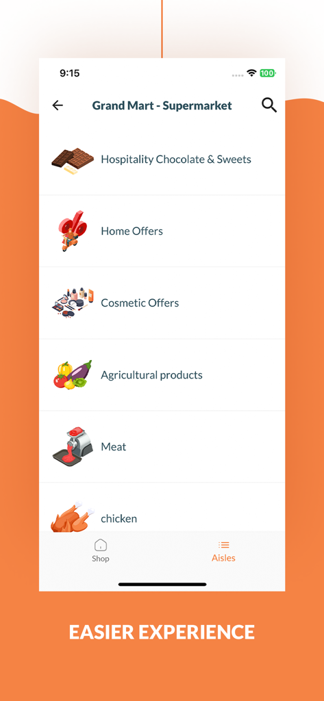 بي ديليفري - Bee Delivery 앱 인터페이스에는 과자, 육류, 신선 식품과 같은 슈퍼마켓 카테고리가 표시됩니다.