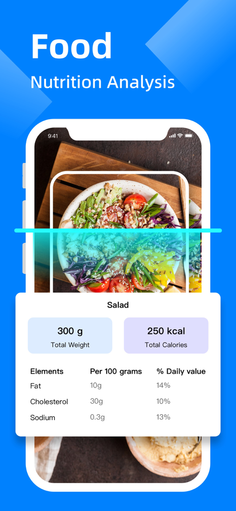 DR Scanner - PDF Scanner - Mobile app interface showing food nutrition analysis with calorie and nutrient breakdown for a scanned salad.