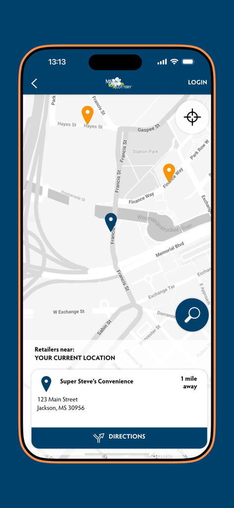 Tela de localização de revendedores no aplicativo Mississippi Lottery mostrando lojas próximas em um mapa com um botão de direções.