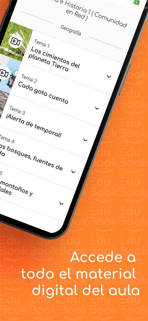 EduBook - Pantalla de la aplicación EduBook que muestra lecciones digitales de geografía e historia para estudiantes.