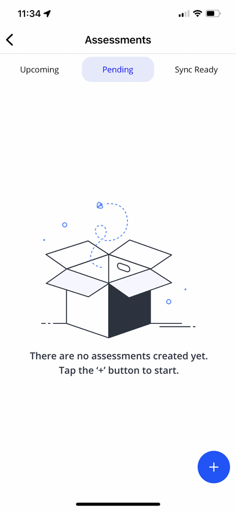 Onefile Eportfolio App - Empty pending assessments screen in the Onefile Eportfolio app with a prompt to add a new one