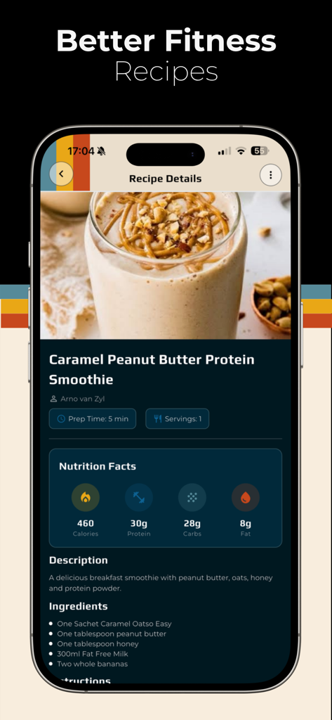 Re:Fit - Re Fit app recipe screen for a Caramel Peanut Butter Protein Smoothie with nutrition facts