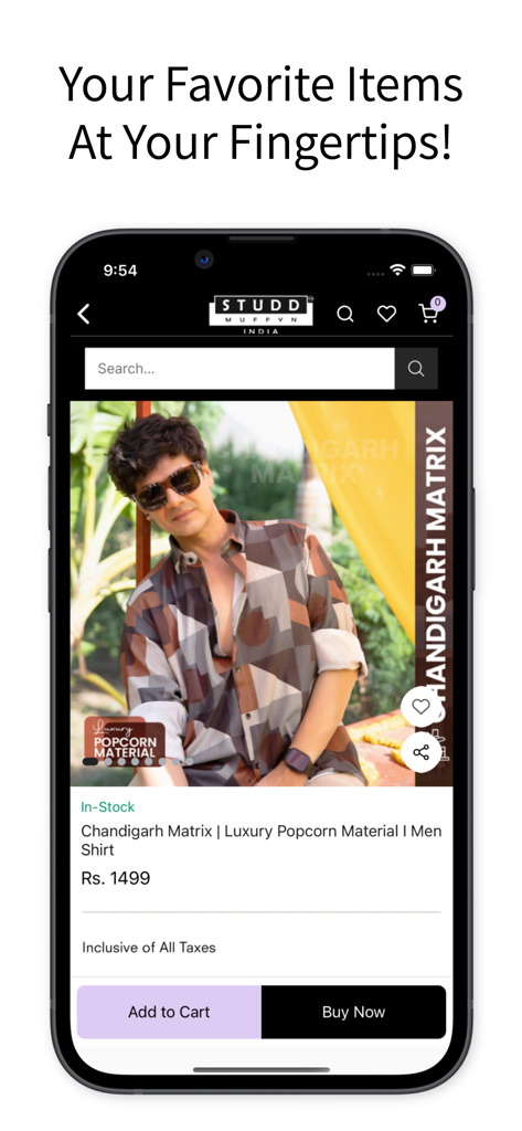 Studd Muffyn - Studd Muffynのモバイルアプリインターフェース。高級メンズシャツの商品ページが表示され、「カートに追加」と「今すぐ購入」ボタンがあります。