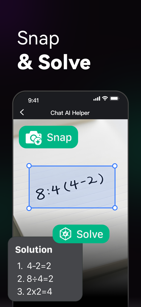 Chat AI 5 - Chatbot Assistant - Une interface de smartphone montrant l'assistant Chat AI résolvant un problème mathématique manuscrit à l'aide d'une fonction de numérisation photo.