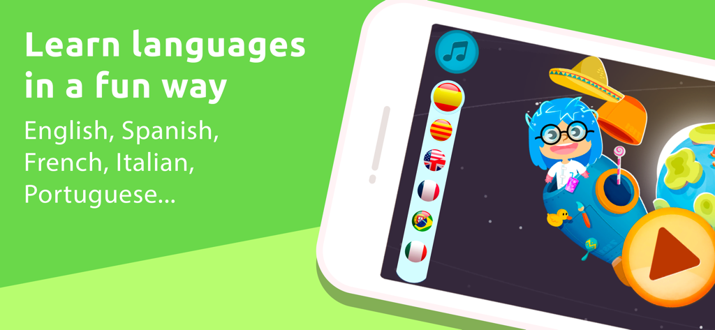 Smile and Learn - Smile and Learn mobile app interface showing language selection with flags and a cartoon character
