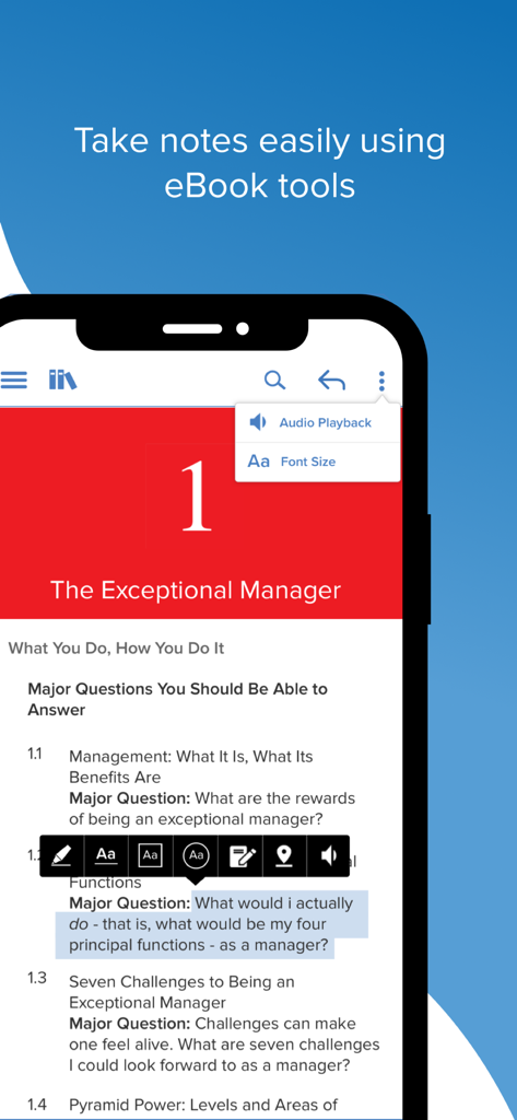 Die mobile ReadAnywhere-App zeigt E-Book-Text mit Funktionen zur Notizaufnahme und Hervorhebung an