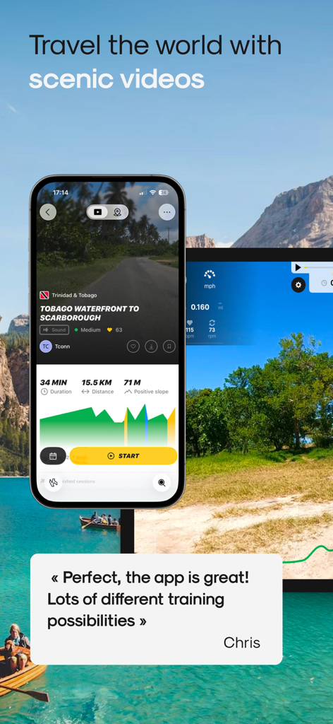 Kinomap: Bike, Run, Row - Kinomap mobile app interface displaying a scenic training route along the Tobago waterfront with a user review