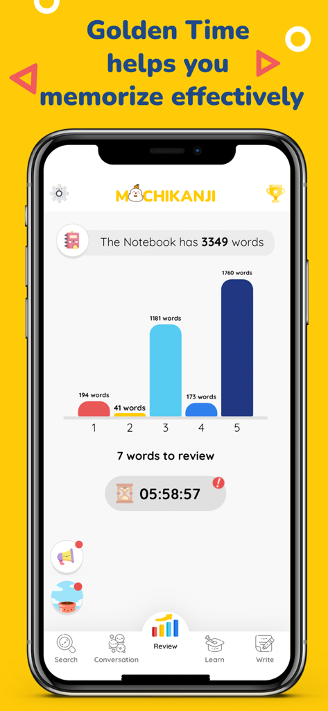 MochiKanji - Learn Japanese - Interfaz de la app MochiKanji mostrando un gráfico de barras de dominio de vocabulario y un temporizador de cuenta regresiva de Tiempo Dorado para la revisión de memorización.