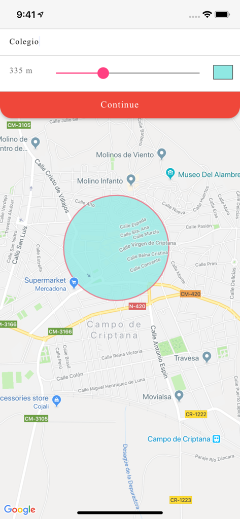 Find Friends - Localizame - Vista de mapa que muestra un radio geográfico seleccionado alrededor de una ubicación en la aplicación Find Friends.