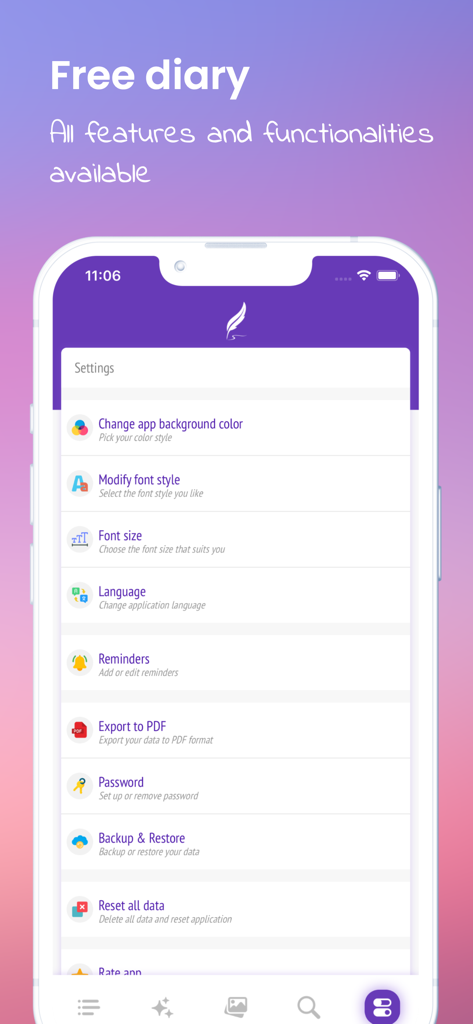 Settings screen for My diary Secret Journal app showing customization and security options