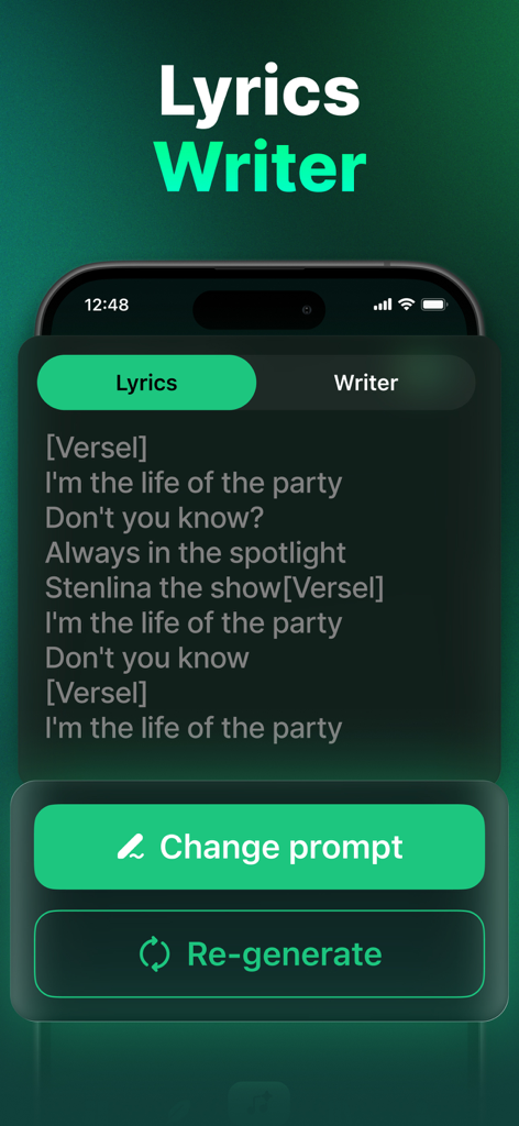 AI Song: AI Music Generator - Benutzeroberfläche der mobilen App AI Song Lyrics Writer, die generierte Texte und Optionen zum erneuten Generieren anzeigt