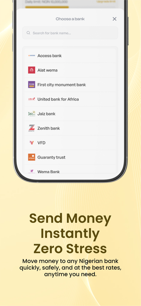 Pantalla de la aplicación SpaceTrade mostrando una lista de bancos nigerianos para transferencias de dinero instantáneas sin complicaciones.
