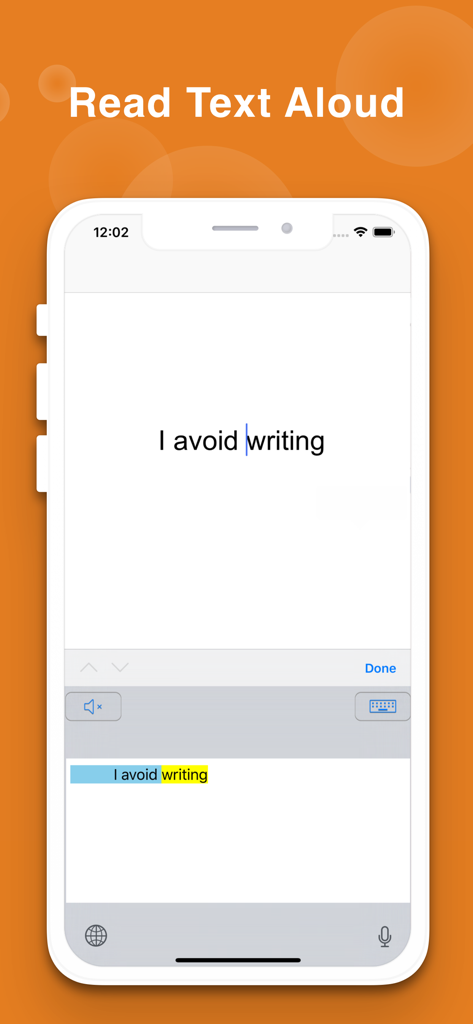 Dyslexia Keyboard - Dyslexia Keyboard app interface showing the Read Text Aloud feature with dual highlighting on the phrase I avoid writing.