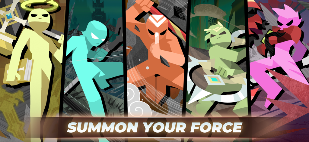 Stickman vs Monster: Idle RPG - Cinque eroi stickman stilizzati visualizzati in pannelli colorati con il testo Summon Your Force