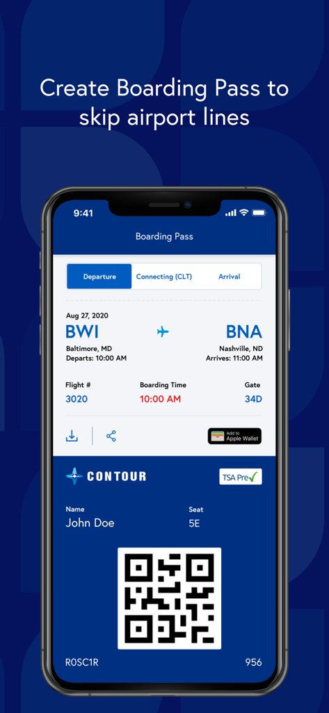 Contour Airlines - Mobile boarding pass in the Contour Airlines app showing flight details from BWI to BNA with a QR code