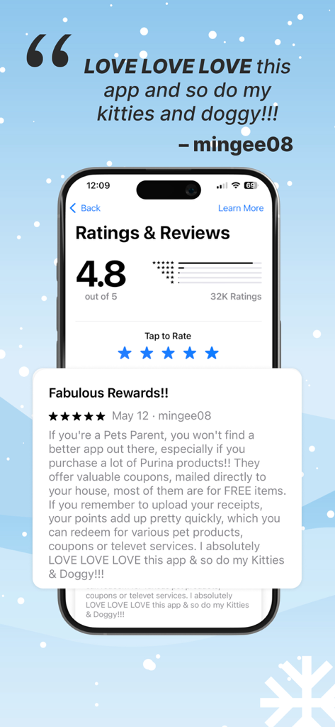 A five star user review for the myPurina app showing a 4.8 rating and positive feedback from a pet owner.