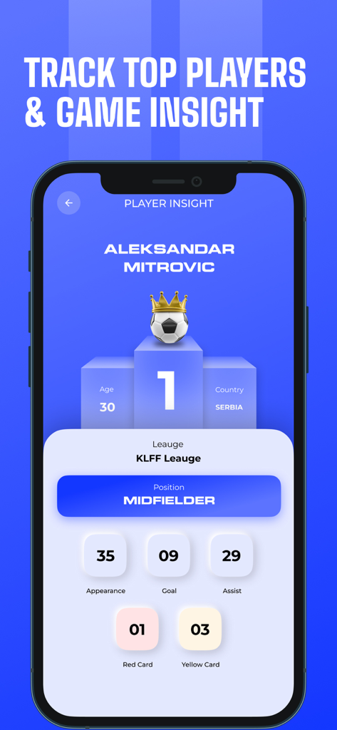 Pantalla de la aplicación móvil que muestra las estadísticas y las perspectivas de rendimiento del futbolista Aleksandar Mitrovic